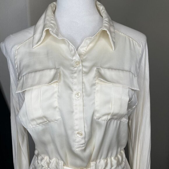 New York & Company Women's Cream Button Down Blouse Top Roll-Tab Tie Waist Small - Picture 2 of 9